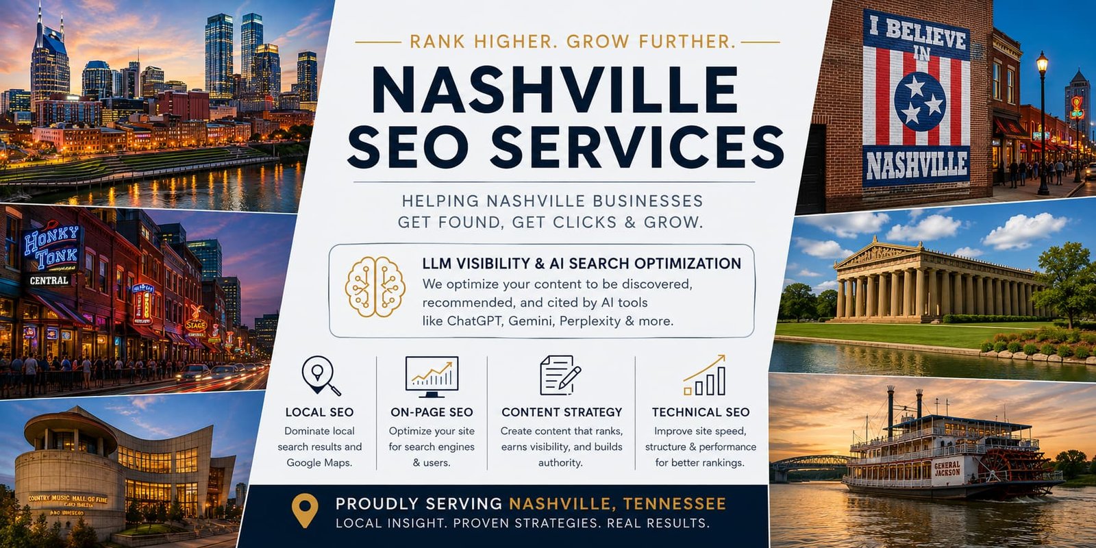 Professional Nashville SEO Services marketing collage featuring the Nashville skyline, John Seigenthaler Pedestrian Bridge, Broadway honky-tonks, the "I Believe in Nashville" mural, The Parthenon, the Country Music Hall of Fame, General Jackson Showboat, Cumberland River, and downtown Nashville. A modern navy and gold center panel promotes Nashville SEO Services with messaging focused on helping local businesses get found, get clicks, and grow through Local SEO, On-Page SEO, Content Strategy, Technical SEO, and LLM Visibility & AI Search Optimization. The design highlights optimization for Google Search as well as AI-powered search platforms including ChatGPT, Gemini, and Perplexity while serving businesses throughout Nashville, Tennessee.